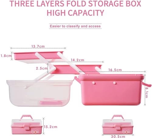 Creahaus 30,5cm 3-Regal Mehrzweck-Aufbewahrungsbox, Sortierbox, Organizer Box, Bastelbox, Nähkasten, Medizinkoffer, Toolbox, Angelkoffer mit 2 Regalen (Rosa)