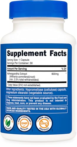 Image of Nutricost Ashwagandha Root Extract Herbal Supplement 600mg, 30 Capsules - Vegetarian, GMO-Free, Gluten Free