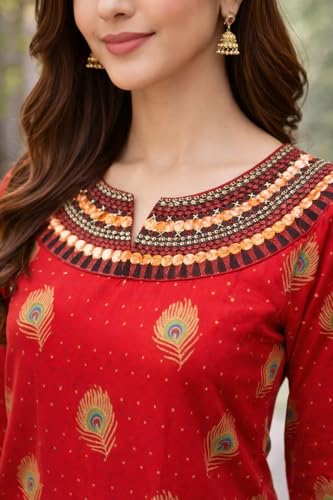 Image of Women's Red Kurti with Skirt Set, Peacock Feather Print, Embellished Neckline, Ethnic Wear