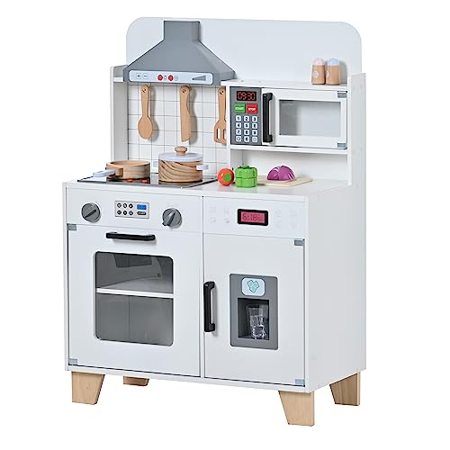 OSJ おままごと キッチン 木製 台所 ライト付き 音が鳴る 製氷機 調理器具付き 知育玩具 コンロ 電子レンジ 家事 おもちゃ キッズ ベビー 誕生日 プレゼント【ホワイト】