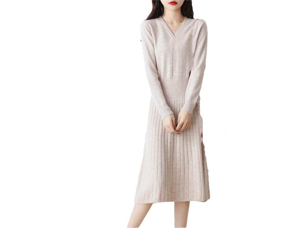 Vestido plisado con cuello en V para mujer, manga larga, holgado, casual, corte entallado