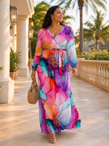 Image of PinkPatty Women's Long Sleeve Maxi Dress Plus Size Trendy Wedding Guest Wrap Dress with Pockets&Belt