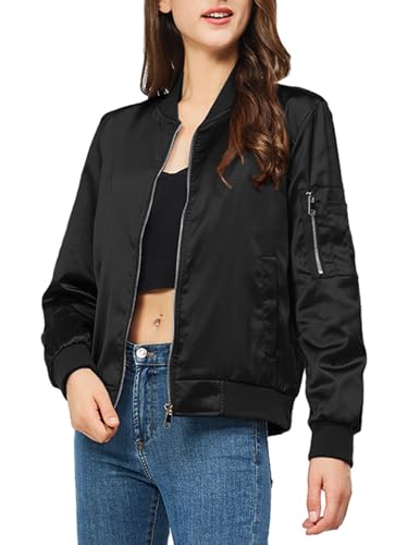 Satin Bomber Jacket Women Casual Fall Varsity Jackets Zip Up Outerwear Windbreaker with Pockets