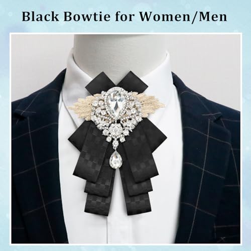 Image of Luckyvestir Womens Mens Bow Tie Ribbon Black Rhinestone Bow Ties Men Large Crystal Bowknot Bowtie for Wedding Party Banquet