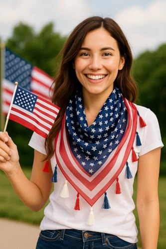 American Flag Triangle Scarf for Women – Lightweight Patriotic USA Wrap with Tassels – Sheer Stars & Stripes Sarong for Parade, Rally, Concert, (120x120x210 cm)4