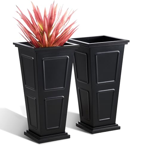 26' Tall Metallic Planter Set of 2, Black Taper Planters with Removable Partition Drainage Holes, Large Outdoor Planter for Front Porch, Garden, Patio, Balcony, Classic Estate Design, All-Weather Use