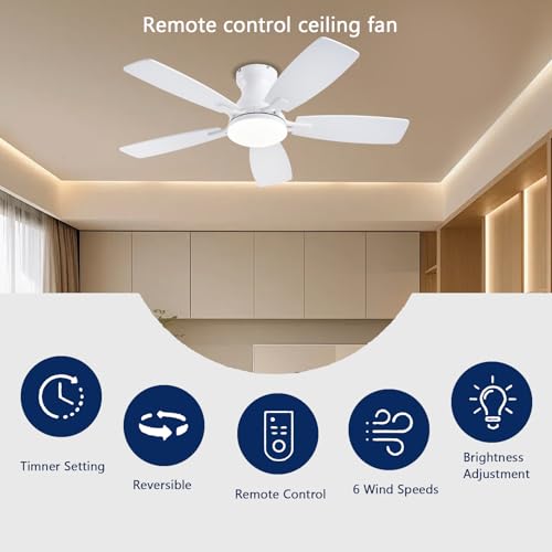 Image of JSAITEE Ceiling Fans with Lights, 42 Inch Low Profile Ceiling Fan with Light and Remote Control, Flush Mount, DC Reversible Motor, Noiseless, White 6 Speeds Ceiling Fan for Bedroom