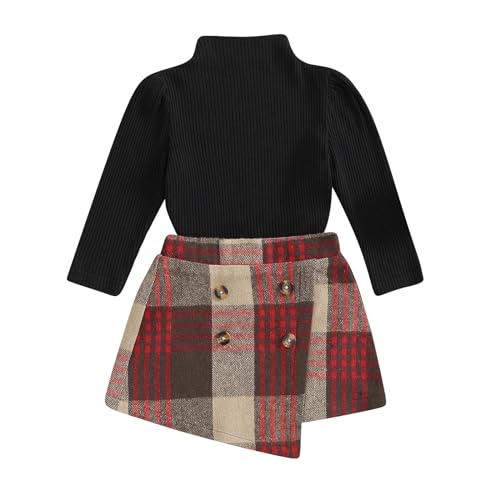 Image of fhutpw Baby Toddler Girl Outfits Fall Winter Clothes Turtleneck Knitted Cotton Long Sleeves Tops & Button Mini Skirts Set