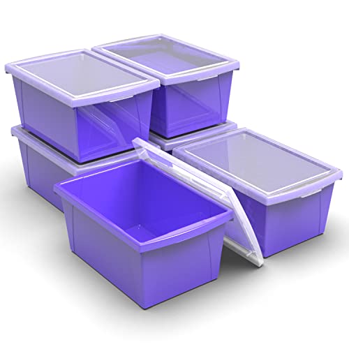 Image of Storex 5.5 Gallon Storage Bin with Lid - Plastic Classroom Organizer for Books and Supplies, Violet, 6-Pack (62747U06C)