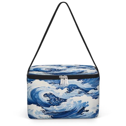 GzLeyigou Sea Waves Lunch Bags for Women Men 9 Cans, Hot & Cold Food Delivery Bag Insulated Grocery Bag Insulated Lunch Box Blue Sea Cooler Bag for Office Work Picnic Beach