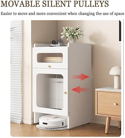 Space-Saving Wood Shelf with Wheels for Robot Vacuum, Two-Door Design - Optimal Organizer for Home & Office, Maximize Storage Efficiency, Stylish & Functional