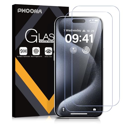 Phoona Protector de Pantalla para iPhone 15 Pro, 2 Unidades Cristal Templado Protector Pantalla para iPhone 15 Pro 5G, Dureza 9H, Sin Burbujas, Antiarañazos(6,1 pulgadas)
