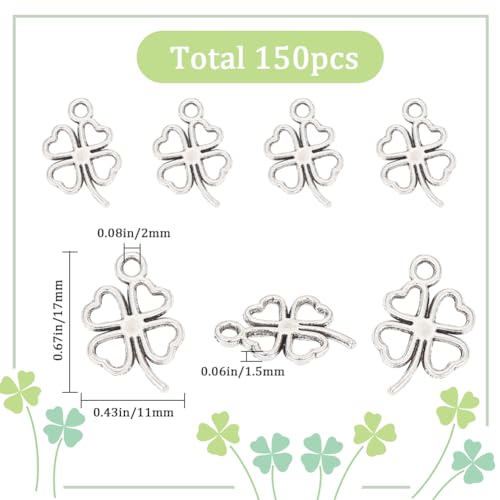 SUNNYCLUE 1 Box 150 Pieces Tibetan Style St. Patrick's Day Pendants Antique Silver Four Leaf Clover Hollow Double Sided 4 Leaves Irish Clover Leaves Lucky Charm - Image 2