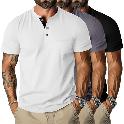 Riyiper 3 Pack Men's Henley T-Shirts Short Sleeve Pocket Cotton Classic Tops Casual Basic Tees with Button Summer Trendy
