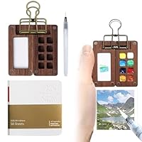 Mini Aquarell Set – Pocket Aquarell Set mit 8 Walnussholz, Magnetverschluss & Binder-Clip, Skizzenbuch mit 58 Blatt Aquarellpapier, Aquarellpinsel, Aquarell Set Unterwegs
