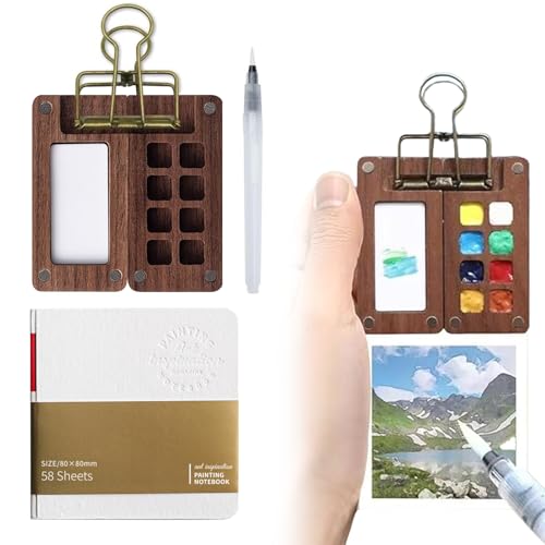 Mini Aquarell Set – Pocket Aquarell Set mit 8 Walnussholz, Magnetverschluss & Binder-Clip, Skizzenbuch mit 58 Blatt Aquarellpapier, Aquarellpinsel, Aquarell Set Unterwegs