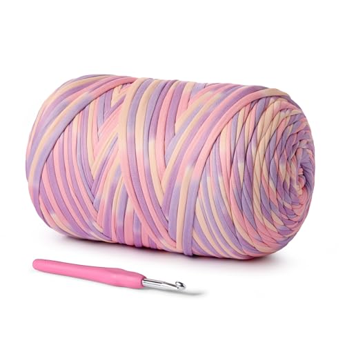 Image of (800g /228yds) T Shirt Yarn, Soft Tshirt Crochet Yarn for Crafts and DIY Knitting Crocheting Cloth /Bag /Basket /Coaster, 100% Polyeste Elastic Fabric Chunky Thick Yans (Pinkish Purple)