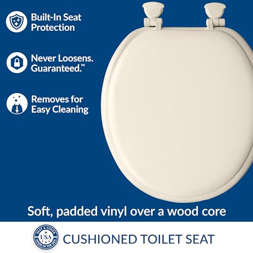 Image of Mayfair Padded Toilet Seat, Cushioned Soft Vinyl over Wood Core Seat, Secure Hinges, Easy Clean, Made in USA, Round, Biscuit (Pack of 2)