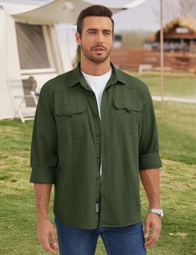Flygo Long Sleeve Work Shirts for Men Casual Cotton Button Down Western Cowboy Cargo Shirt for Hiking Safari Camping3