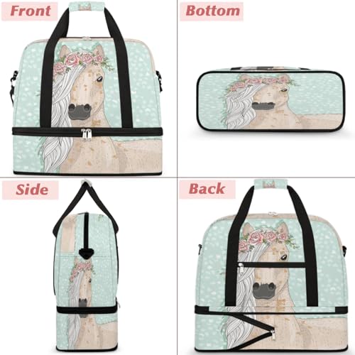 Flower Horse Foldable Travel Duffel Bag, Expandable Sports Gym Bag with Shoes Compartment Weekender Overnight Totes Bags for Women Men3