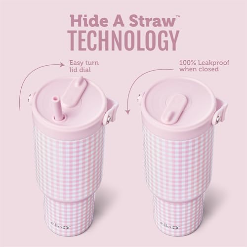 Image of Ello Oasis Go+ 32oz Tumbler with Top Handle and Retracting Straw | Reusable Insulated Stainless Steel Cup, 100% Leakproof Water Bottle, 24 Hours Cold, Cup Holder Friendly For Travel | Pink Gingham