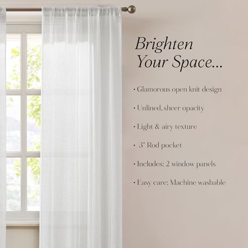 Image of Lush Decor Milla Knitted Textured Sheer Window Curtain Panels Pair 38 inch W x 84 inch L Pearl White - White Curtains for Bedroom - Sheer Curtains for Living Room