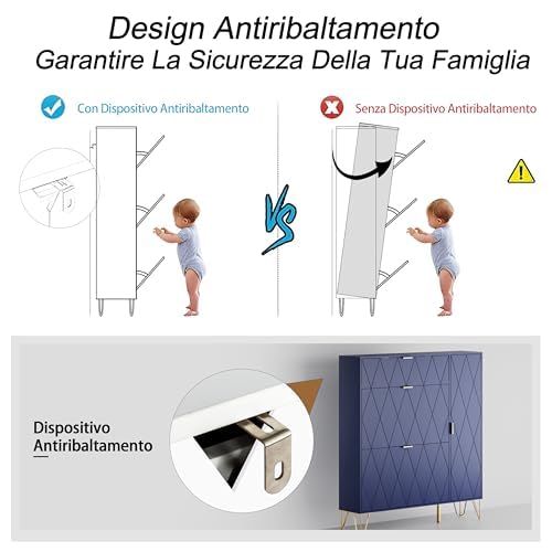 UEV Zapatero Ahorrador de Espacio con 3 Puertas Abatibles, Entrada de Zapatero, Zapater para 16 Pares en Robusta Madera de Construcción, 105 x 24 x 120 cm, Azul
