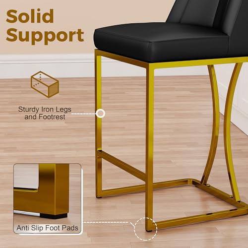 Image of LSSBOUGHT Counter Height Bar Stools Set of 2 24'' Upholstered Padded Barstools with Back Glam Kitchen Island Chairs with Golden Metal Iron Frame (Black-Button-Gold Leg, 4PCS)