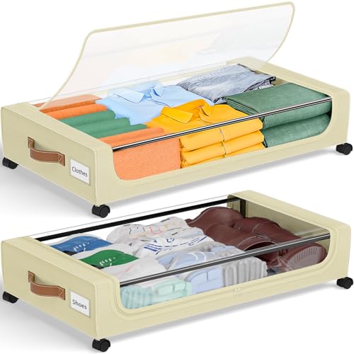 Image of GoMaihe Under Bed Storage with Wheels: 48L Underbed Storage Containers with Lids - Rolling Bins for Shoes Clothes in Dorm Bedroom - Metal Drawers Easy Pull-out Beige 2-Pack