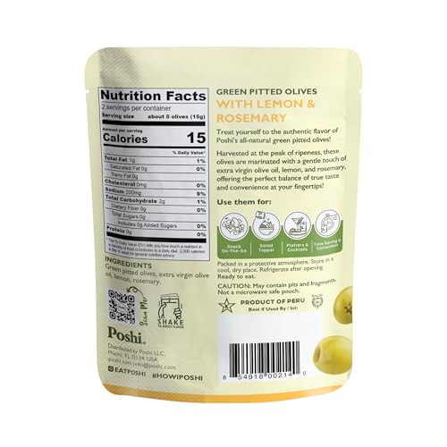 Image of Poshi Green Pitted Olives | Lemon & Rosemary | Vegan, Kosher, Gluten Free + Keto Friendly, Fresh, All Natural Low Calorie Healthy Snacks | (30 Pack, 1.1oz Bags)