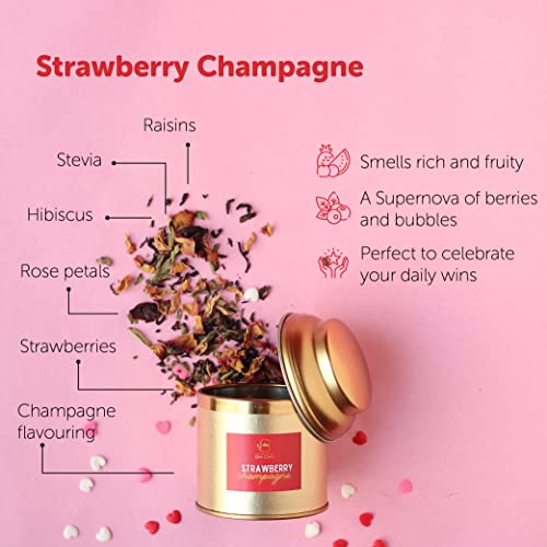 Image of OH CHA - Strawberry Rose Tea | 35gms, Darjeeling Long Leaf Tea with Raisins, Fresh Strawberries, Rose Petals, Hibiscus, Stevia | Flavoured Tea, Non Alcoholic | Celebrations in a tea cup | Brew Hot or Ice tea, for Mocktail, Cocktail