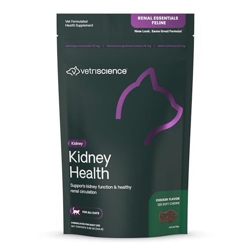 VetriScience Kidney Health Chews, Renal Essentials Supplement for Cats, Kidney Care and Support with Mushroom, Astragalus Root, Nettle Seed and Herbs, Chicken, 120 Count