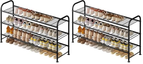 Image of LINZINAR Shoe Rack Long 3 Tier Metal Shoe Organizer Metal Wide Shoe Shelf for Closet Entryway Bedroom Large Capacity Black (Pack of 2)