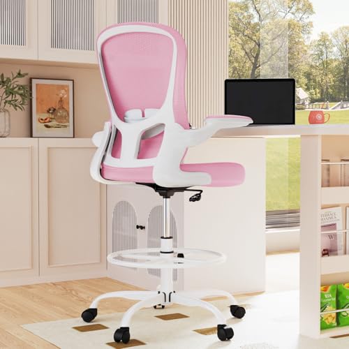 Drafting Chair, Tall Office Chair with Flip-up Armrests Executive Ergonomic Computer Standing Desk Chair, Office Drafting Chair with Lumbar Support and Adjustable Footrest Ring Pink&white