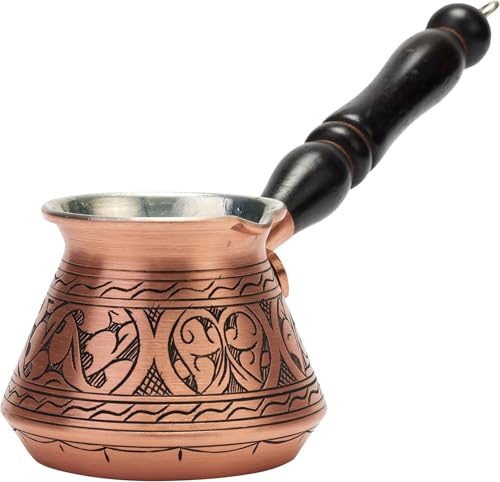 DEMMEX Thick Copper Turkish Greek Arabic Coffee Pot 250 ml, Traditional Hand Engraved Cezve Ibrik Briki with Wooden Handle & Spoon, Handmade in Turkey (Matte)