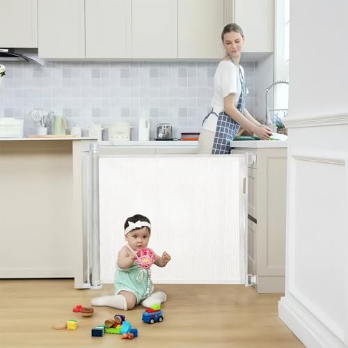Image of NAIMORUI Retractable Baby Gate, Baby Gate for Doorways & Stairs 35" Tall, Extends up to 55" Wide, Pressure Mounted, Easy Walk-Thru Design, Child & Pet Friendly, White