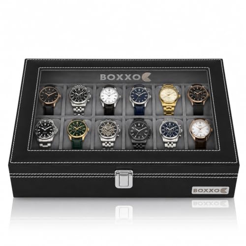Image of BOXXO 12 Slot Watch Organizer Box for Men & Women - Premium PU Leather Watch Case, Soft Velvet Cushions & Glass Lid Display, Elegant Storage Box - 34x20x8 cm (Black & Black (Transparent), 12 Slots)