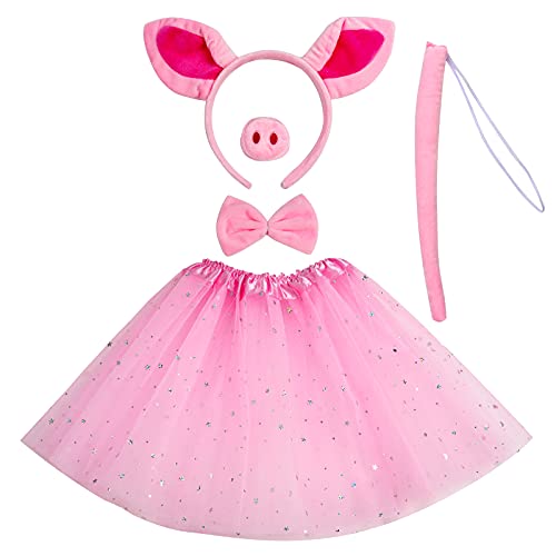 Kids Animal Fancy Pig Costume Set Pink Pig Ears Headband Nose Tail Bow Tie Tutu Skirt for Christmas Halloween Dress Up Cosplay Party