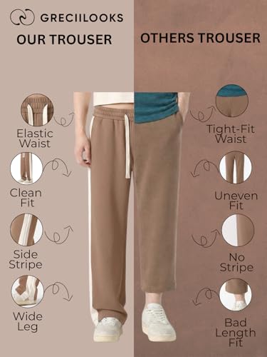 Image of GRECIILOOKS Trouser for Men | Man Relaxed Fit Trousers Twill Track Style | Straight Fit Wide Leg Trousers for Mens with Drawstring Waist | Korean Casual Travel Streetwear Pants