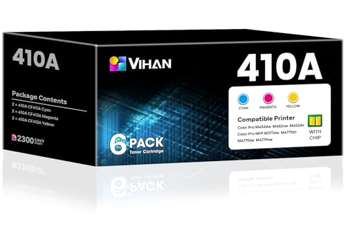 Image of 410A Toner Cartridges 6 Pack High Yield with Chip Replacement for HP 410A CF410A CF411A CF412A CF413A to Use with HP Color Pro MFP M477fnw M477fdw M477fdn M452dn Pro M452dw M452nw Printer (2C /2M /2Y)
