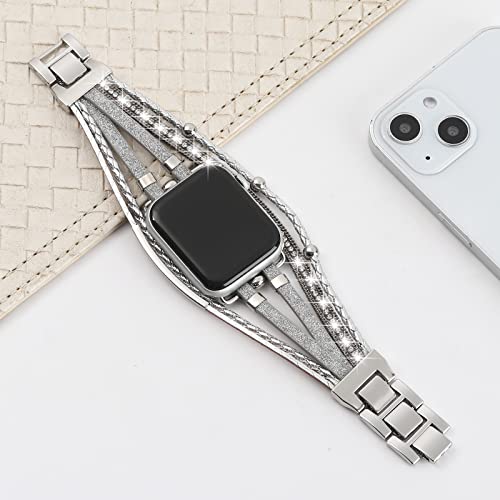 Wonmille Posh Leather Bands Compatible With Apple Watch 41Mm 40Mm 38Mm Women, Boho Bracelets Jewelry Multilayer Wrap Strap For Iwatch Series Se 8 7 6 5 4 3 2 1 (Glitter Silver, 38Mm/40Mm/41Mm) #TOP3