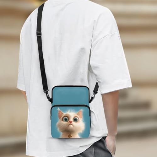 White Cat Pattern Little Girls Crossbody Shoulder Bag, 2 Layer Small Zip Messenger Bags Satchel Outdoor Bags Wallet Phone Waist Pouch for Men Women, Blue3