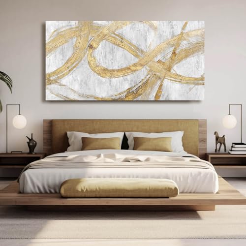 Image of Graffiti Framed Wall Painting Gold Line Art 29 inchx 58 inch Living Room Abstract Artwork Master Bedroom Wall Decor Large Size 29 inchx 58 inch White Picture Print for Walls