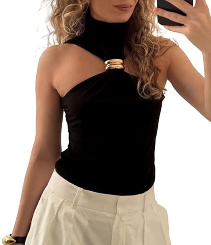 Women Halter Top Twist Front Sexy Ring Pleated Tank Top Turtleneck Dressy Sleeveless Summer Vest Streetwear2