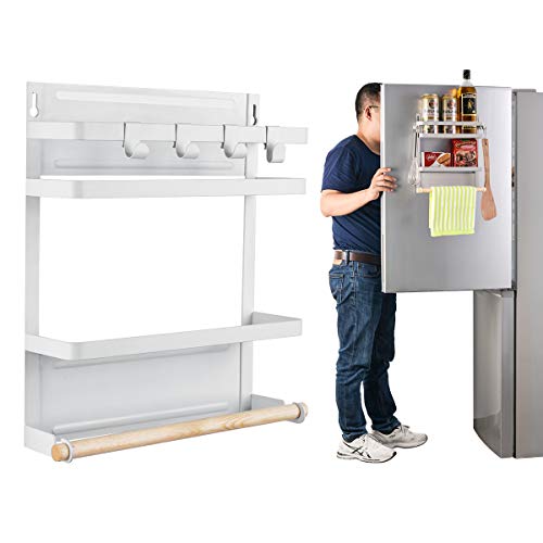 Kitchen Rack Magnetic Refrigerator Storage Organizer with 4 Removable Hook, Fridge Holder Strong magnet Rustproof Spice Jars,NOT SUIT PAPER TOWEL SIZE, Bottle Wine,Laundry Room 12.5 x 10.2 x 3.1inch