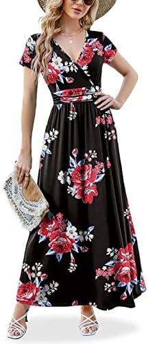 ANRILITA Maxi Dress for Women Wrap V Neck Short Sleeve Empire Pleated Waist Summer Casual Elegant Long Dress with Pockets Red Flower