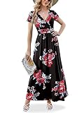 ANRILITA Maxi Dress for Women Wrap V Neck Short Sleeve Empire Pleated Waist Summer Casual Elegant Lo