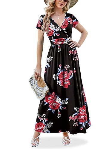 Anrilita Maxi Dress For Women Wrap V Neck Short Sleeve Empire Pleated Waist Summer Casual Elegant Long Dress With Pockets Red Flower #TOP16