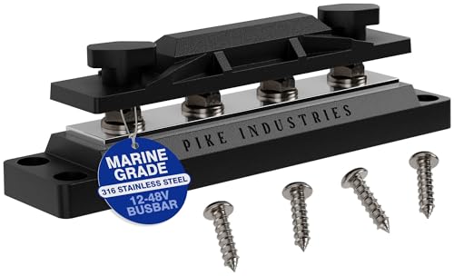 Pike Industries 400 Amp Solid Copper Busbar 4 Stud (5/16" Stainless, Black) Common Bus, Terminal Block, Marine Bus Bar, DC Distribution