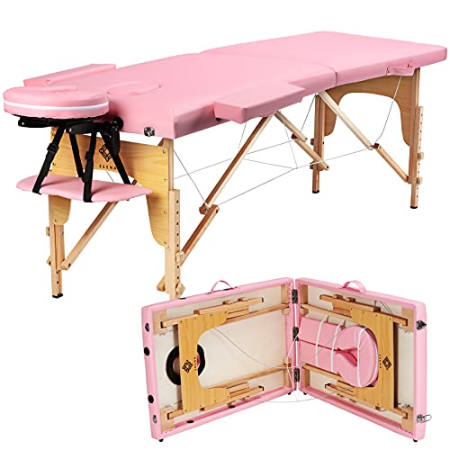 ZEENA Portable Massage Table - Lightweight Therapy Salon Bed For Massage, Physio, Facials, & Reiki At Spa or At Home, Foldable, Sturdy & Adjustable With Face Cradle & Height Adjustable Headrest (Pink)